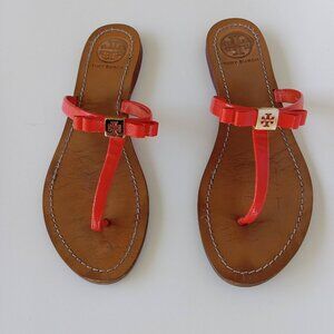 Tory Burch Flat Patent Leather Thong Sandals Women Flip Flop Orange Logo US 7.5